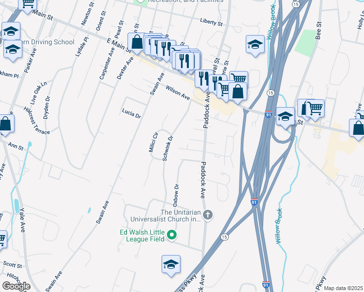 map of restaurants, bars, coffee shops, grocery stores, and more near 51 Roseland Avenue in Meriden