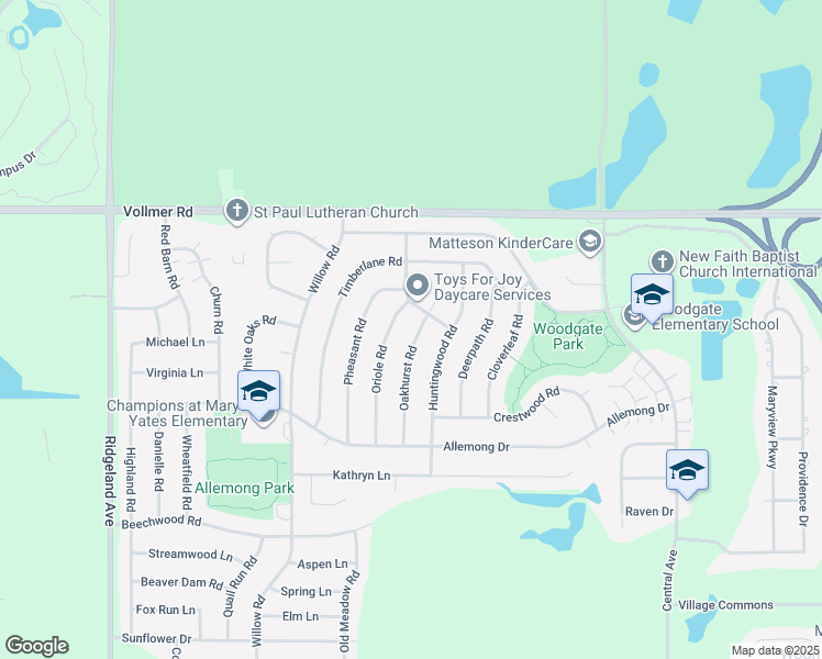 map of restaurants, bars, coffee shops, grocery stores, and more near 50 Oakhurst Road in Matteson