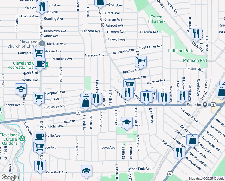 map of restaurants, bars, coffee shops, grocery stores, and more near 1221 East 114th Street in Cleveland