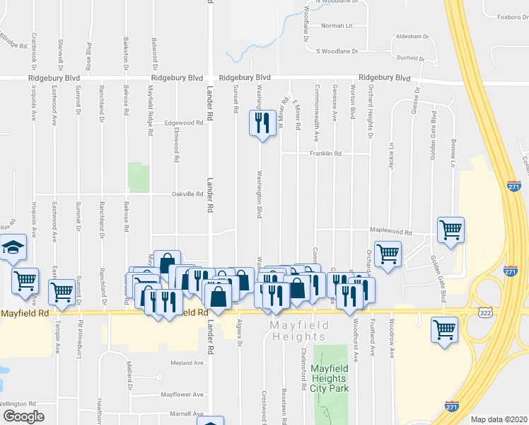 map of restaurants, bars, coffee shops, grocery stores, and more near 1319 Washington Boulevard in Mayfield Heights