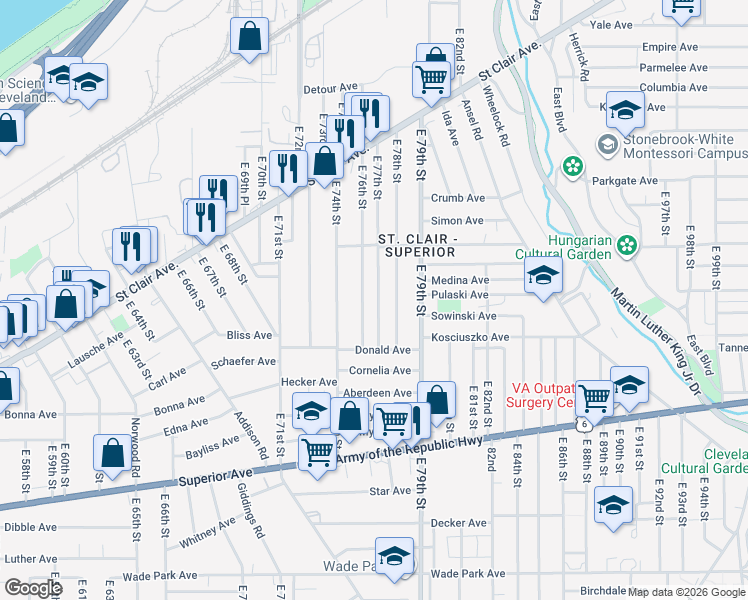 map of restaurants, bars, coffee shops, grocery stores, and more near 1119 East 76th Street in Cleveland