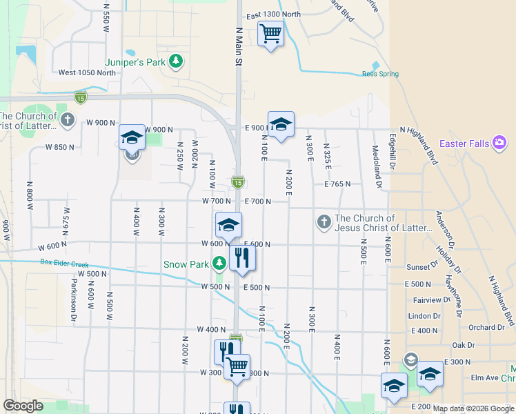 map of restaurants, bars, coffee shops, grocery stores, and more near 677 North 100 East in Brigham City