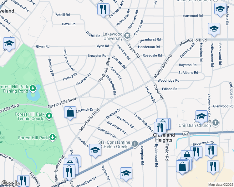 map of restaurants, bars, coffee shops, grocery stores, and more near 3315 Monticello Boulevard in Cleveland Heights