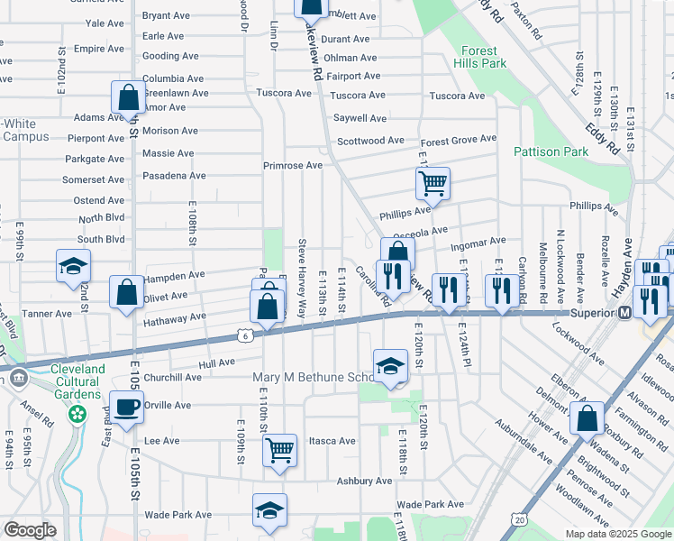 map of restaurants, bars, coffee shops, grocery stores, and more near 1224 East 114th Street in Cleveland