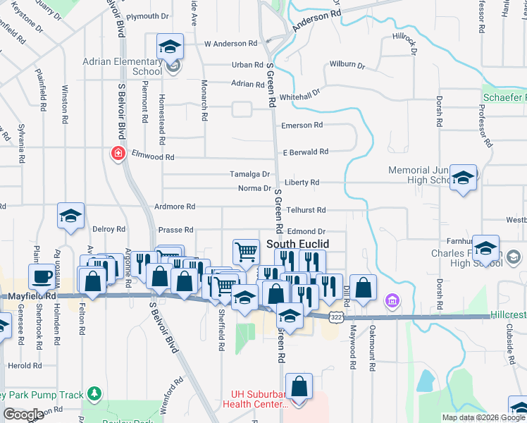 map of restaurants, bars, coffee shops, grocery stores, and more near 4430 Ardmore Road in South Euclid