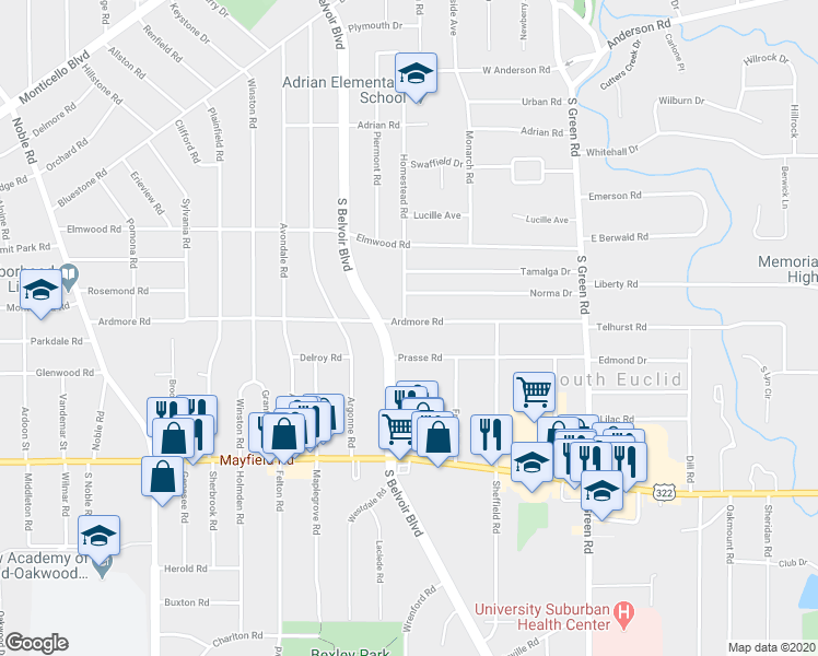 map of restaurants, bars, coffee shops, grocery stores, and more near 4270 Ardmore Road in South Euclid