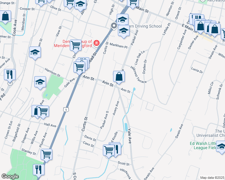 map of restaurants, bars, coffee shops, grocery stores, and more near 331 Parker Avenue South in Meriden