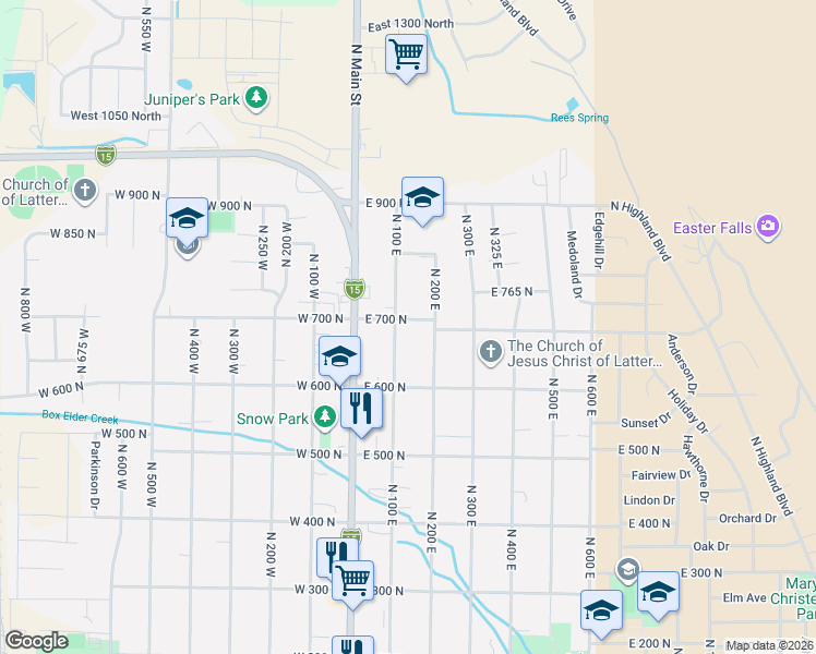 map of restaurants, bars, coffee shops, grocery stores, and more near 677 North 100 East in Brigham City