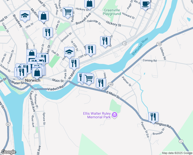 map of restaurants, bars, coffee shops, grocery stores, and more near 34 Penobscot Street in Norwich
