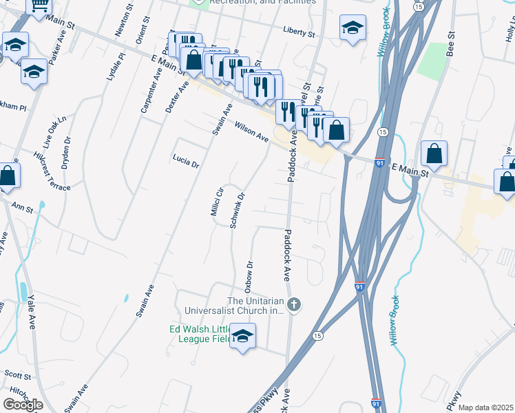 map of restaurants, bars, coffee shops, grocery stores, and more near 51 Roseland Avenue in Meriden