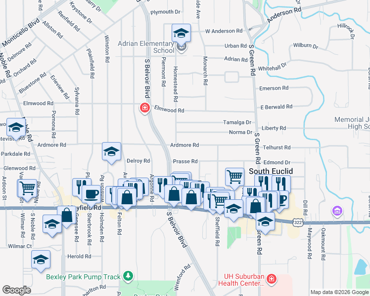 map of restaurants, bars, coffee shops, grocery stores, and more near 4270 Ardmore Road in South Euclid