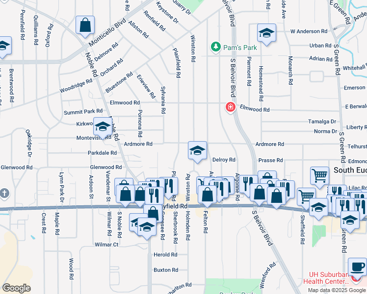 map of restaurants, bars, coffee shops, grocery stores, and more near 1304 Plainfield Road in South Euclid