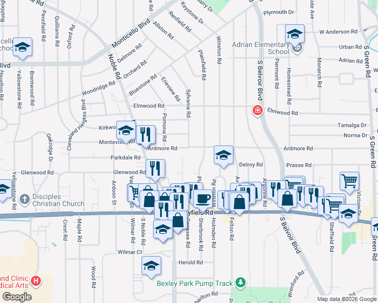 map of restaurants, bars, coffee shops, grocery stores, and more near 4028 Ardmore Road in Cleveland Heights