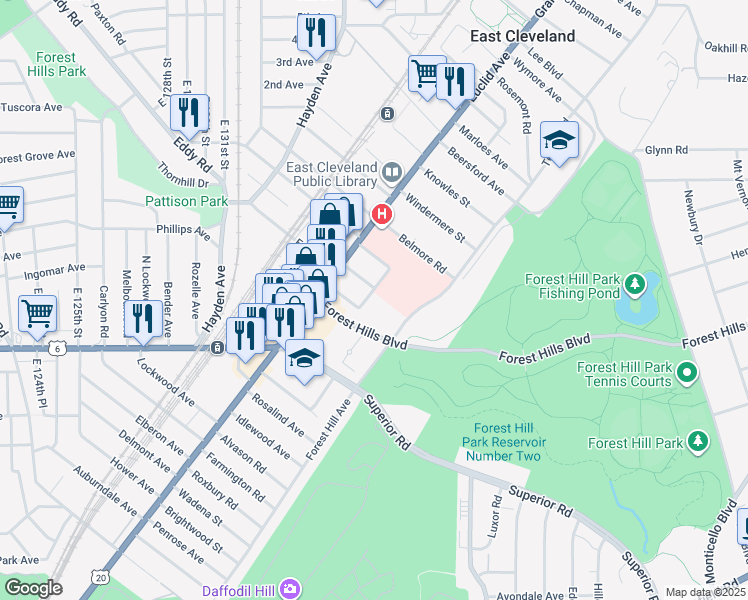 map of restaurants, bars, coffee shops, grocery stores, and more near 13716 Fernwood Avenue in East Cleveland
