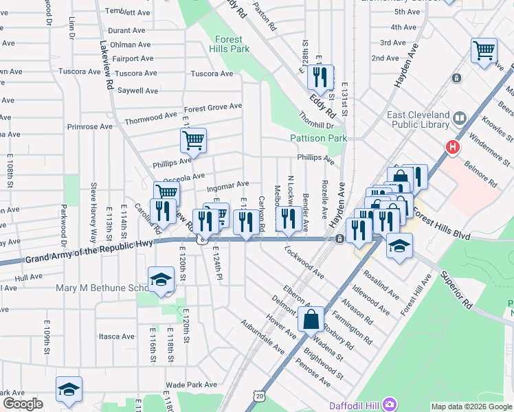map of restaurants, bars, coffee shops, grocery stores, and more near 1251 Carlyon Road in East Cleveland