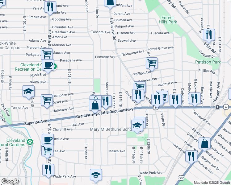 map of restaurants, bars, coffee shops, grocery stores, and more near 1224 East 114th Street in Cleveland