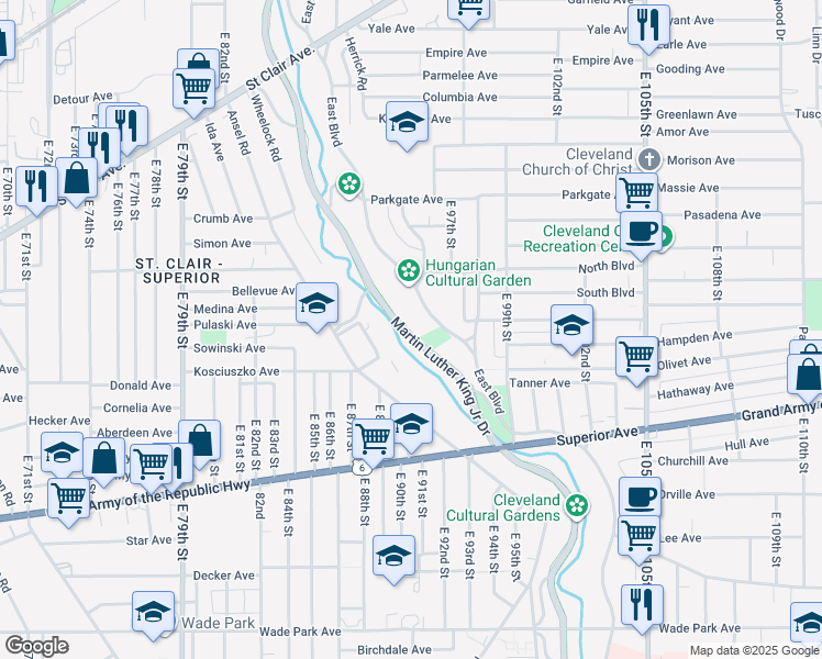 map of restaurants, bars, coffee shops, grocery stores, and more near Harrison Dillard Trail in Cleveland