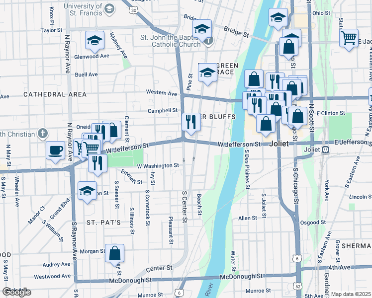 map of restaurants, bars, coffee shops, grocery stores, and more near 29 North Hickory Street in Joliet
