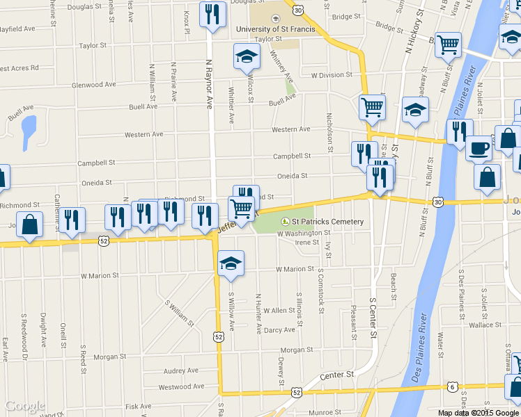 map of restaurants, bars, coffee shops, grocery stores, and more near 621 West Jefferson Street in Joliet