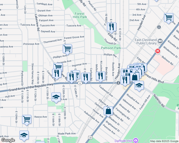 map of restaurants, bars, coffee shops, grocery stores, and more near 1251 Carlyon Road in East Cleveland