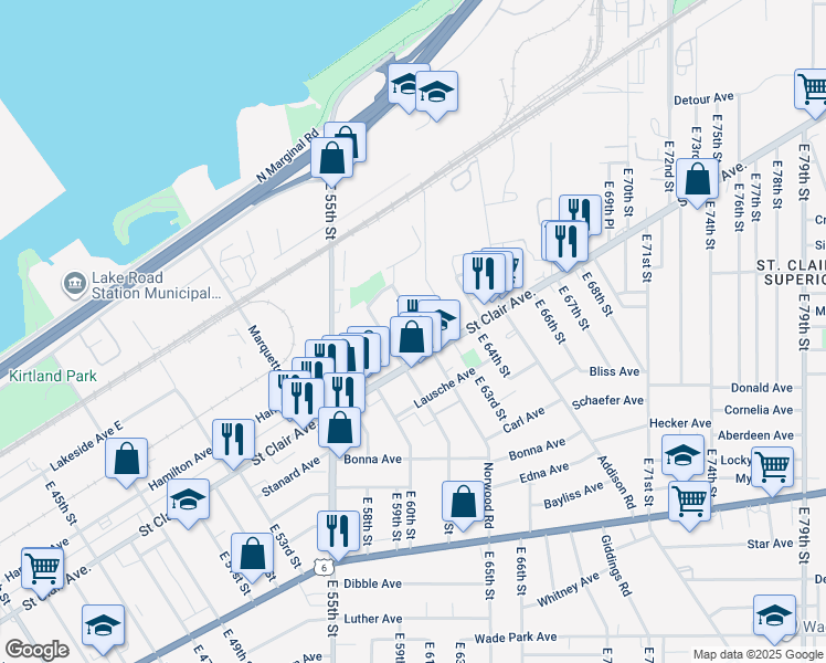map of restaurants, bars, coffee shops, grocery stores, and more near 1055 East 61st Street in Cleveland