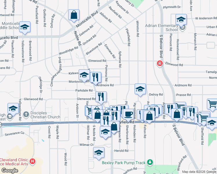 map of restaurants, bars, coffee shops, grocery stores, and more near 3982 Ardmore Road in Cleveland Heights