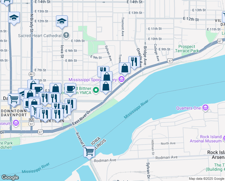 map of restaurants, bars, coffee shops, grocery stores, and more near 736 East River Drive in Davenport