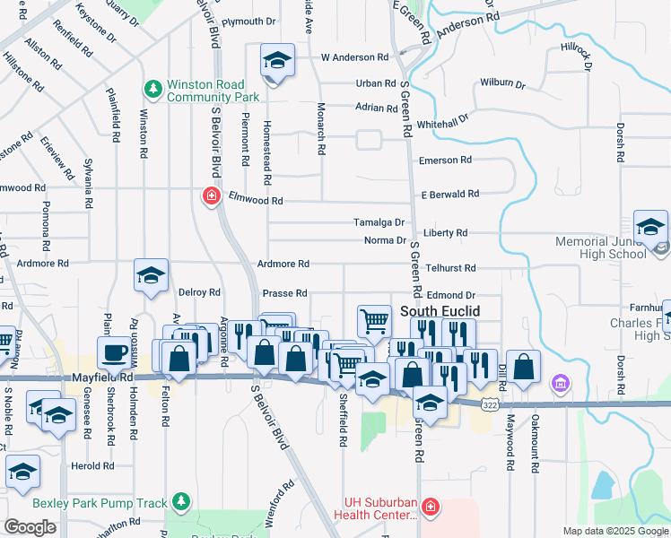 map of restaurants, bars, coffee shops, grocery stores, and more near 4350 Ardmore Road in South Euclid