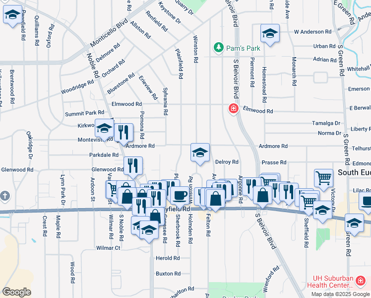 map of restaurants, bars, coffee shops, grocery stores, and more near 1304 Plainfield Road in South Euclid