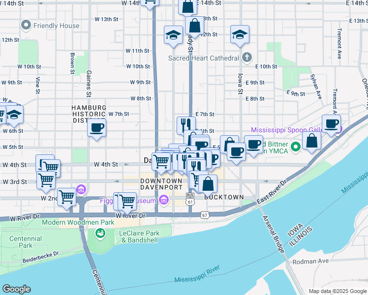 map of restaurants, bars, coffee shops, grocery stores, and more near 120 West 5th Street in Davenport