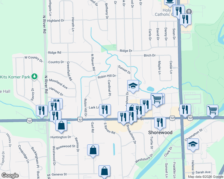 map of restaurants, bars, coffee shops, grocery stores, and more near 308 Cardinal Place in Shorewood
