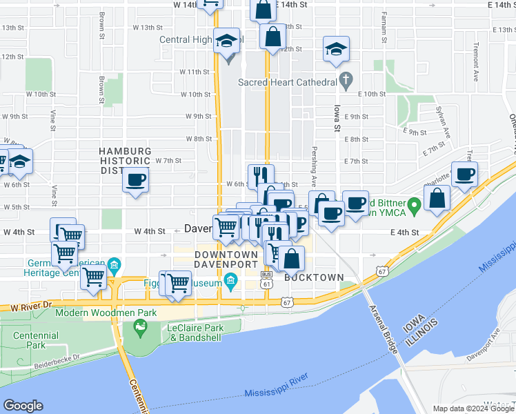 map of restaurants, bars, coffee shops, grocery stores, and more near 120 West 5th Street in Davenport