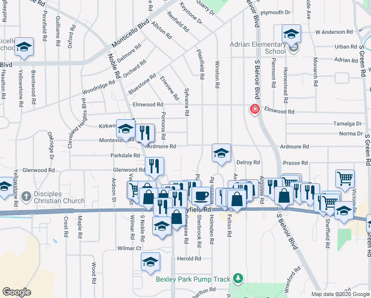 map of restaurants, bars, coffee shops, grocery stores, and more near 4028 Ardmore Road in Cleveland Heights