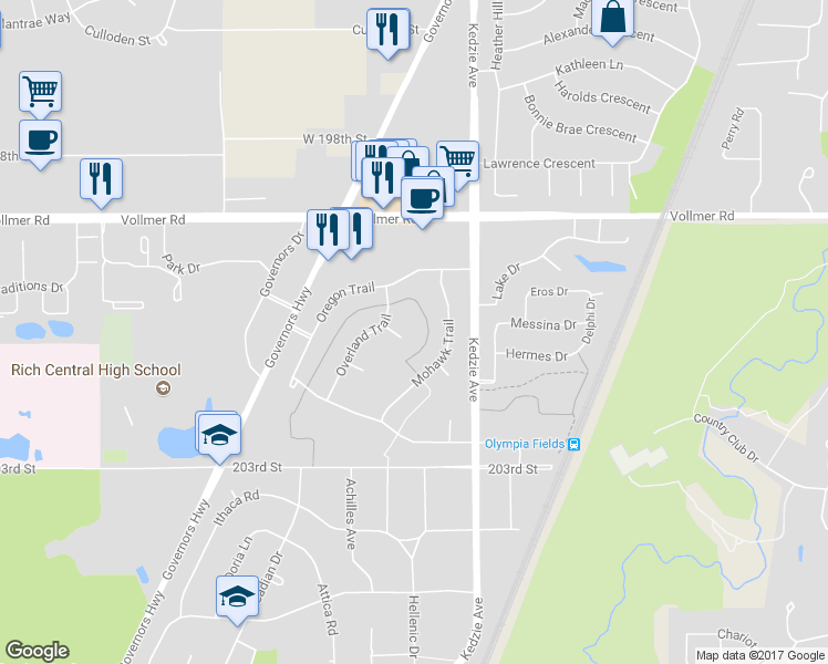 map of restaurants, bars, coffee shops, grocery stores, and more near 3243 Platt Trail in Olympia Fields