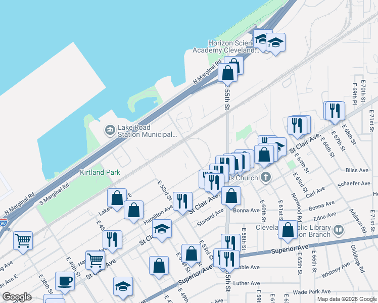 map of restaurants, bars, coffee shops, grocery stores, and more near 1208 Marquette Street in Cleveland