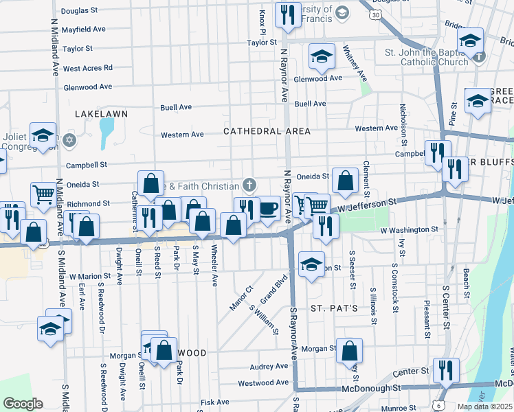 map of restaurants, bars, coffee shops, grocery stores, and more near 106 North Prairie Avenue in Joliet