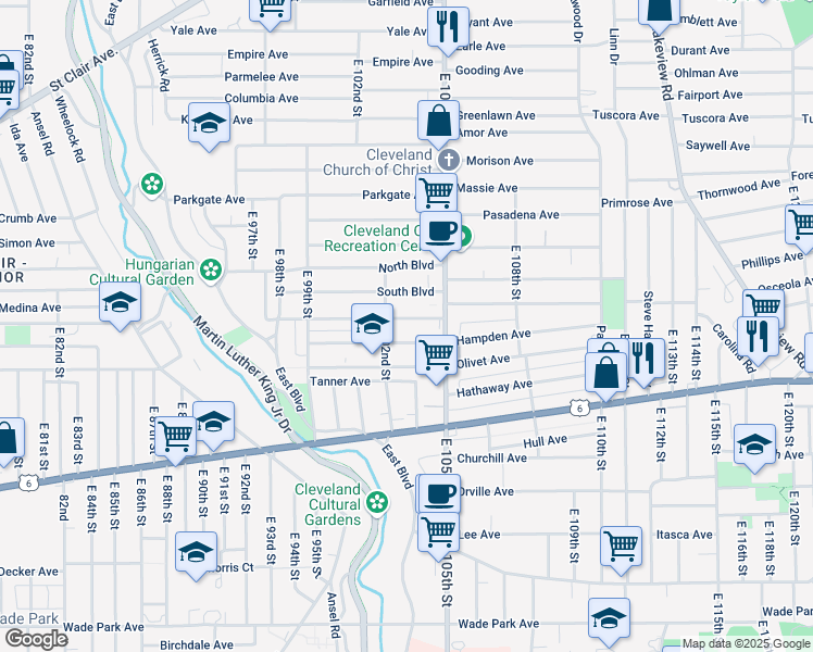 map of restaurants, bars, coffee shops, grocery stores, and more near 10312 Westchester Avenue in Cleveland