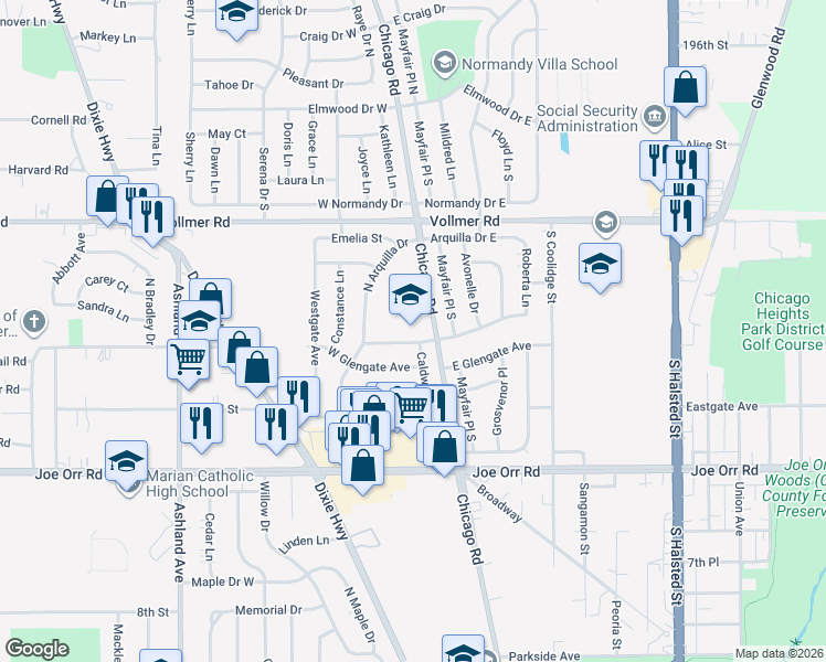 map of restaurants, bars, coffee shops, grocery stores, and more near 101 West Greenbriar Avenue in Chicago Heights