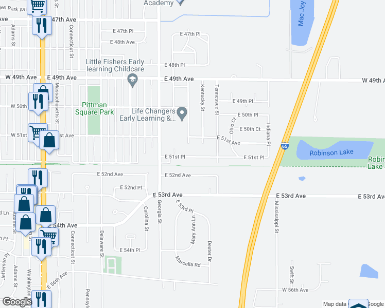 map of restaurants, bars, coffee shops, grocery stores, and more near 1008 East 51st Place in Gary