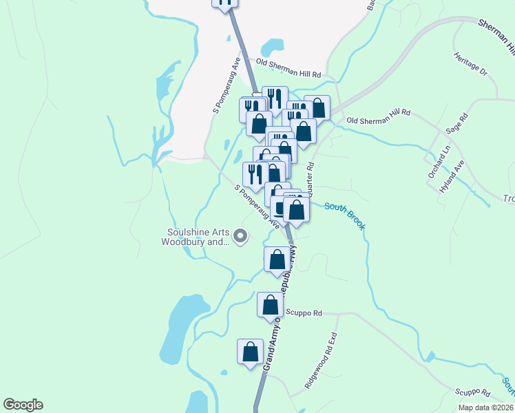 map of restaurants, bars, coffee shops, grocery stores, and more near 122 South Pomperaug Avenue in Woodbury