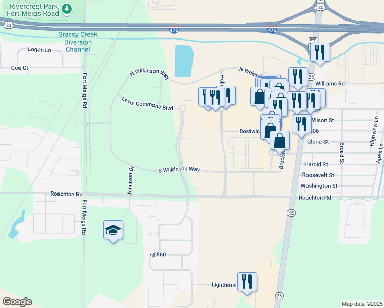 map of restaurants, bars, coffee shops, grocery stores, and more near 7100 South Wilkinson Way in Perrysburg