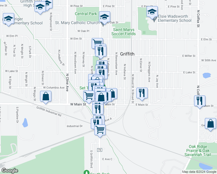 map of restaurants, bars, coffee shops, grocery stores, and more near 201-215 East Columbia Avenue in Griffith