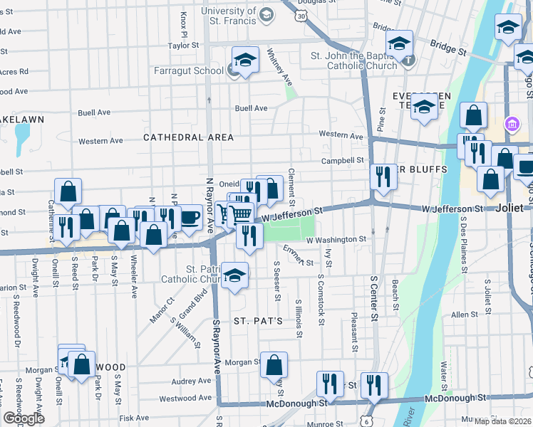 map of restaurants, bars, coffee shops, grocery stores, and more near 621 West Jefferson Street in Joliet