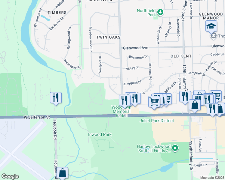 map of restaurants, bars, coffee shops, grocery stores, and more near 101 Canterbury Court in Joliet
