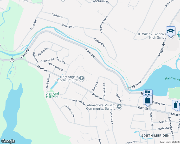 map of restaurants, bars, coffee shops, grocery stores, and more near 138 Pettit Drive in Meriden
