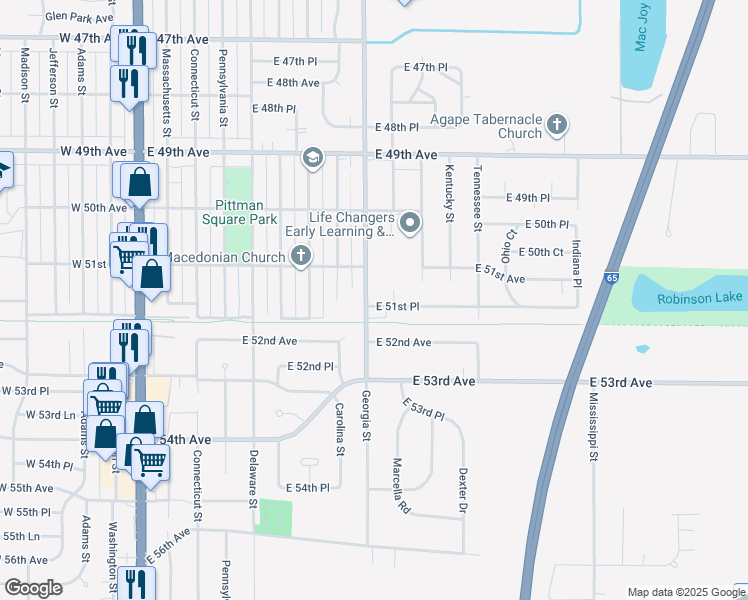 map of restaurants, bars, coffee shops, grocery stores, and more near 5155 Georgia Street in Gary