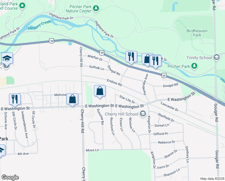 map of restaurants, bars, coffee shops, grocery stores, and more near 21 Sunset Lane in Joliet