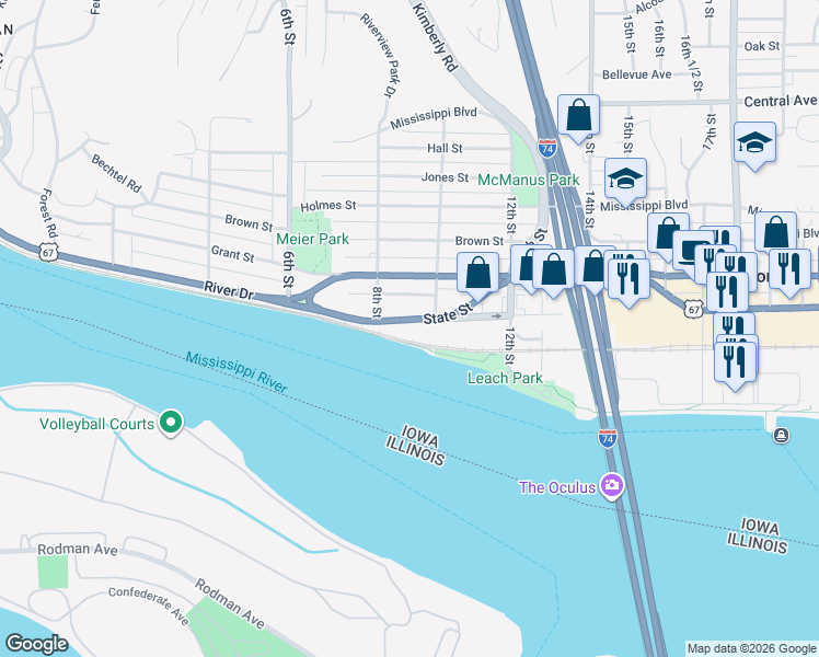 map of restaurants, bars, coffee shops, grocery stores, and more near 845 State Street in Bettendorf