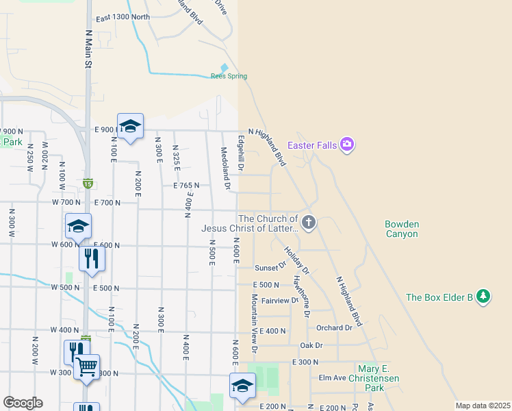 map of restaurants, bars, coffee shops, grocery stores, and more near 653 East 700 North in Brigham City