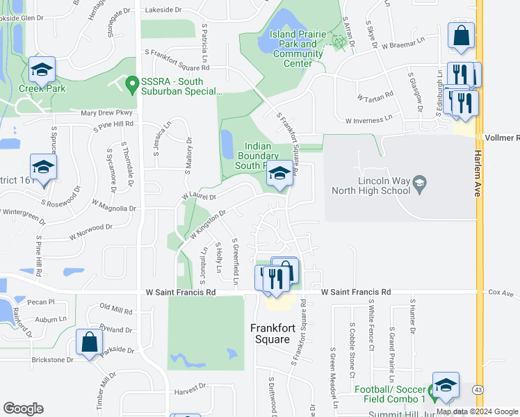 map of restaurants, bars, coffee shops, grocery stores, and more near 7748 West Harbor Court in Frankfort